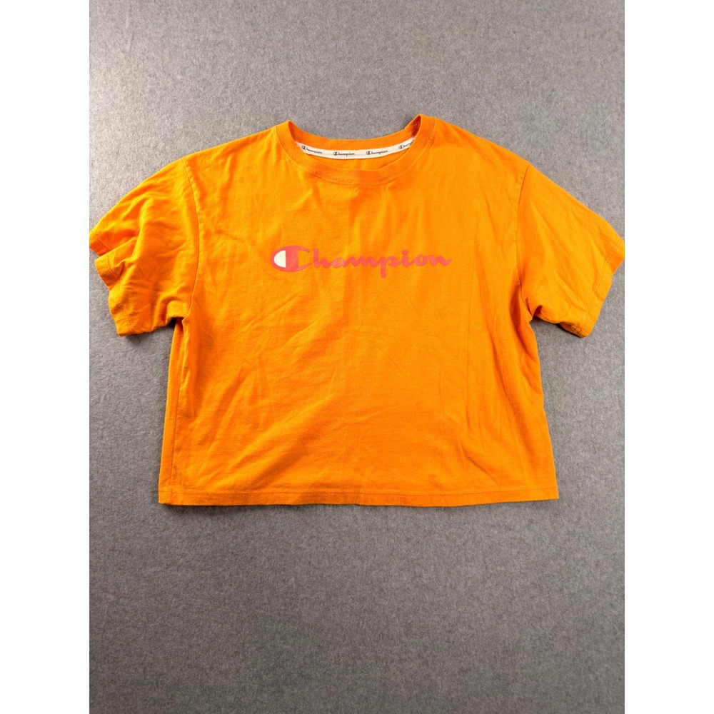 Champion Womens Orange Cropped Script Logo T-Shirt Short Sleeve Size M
